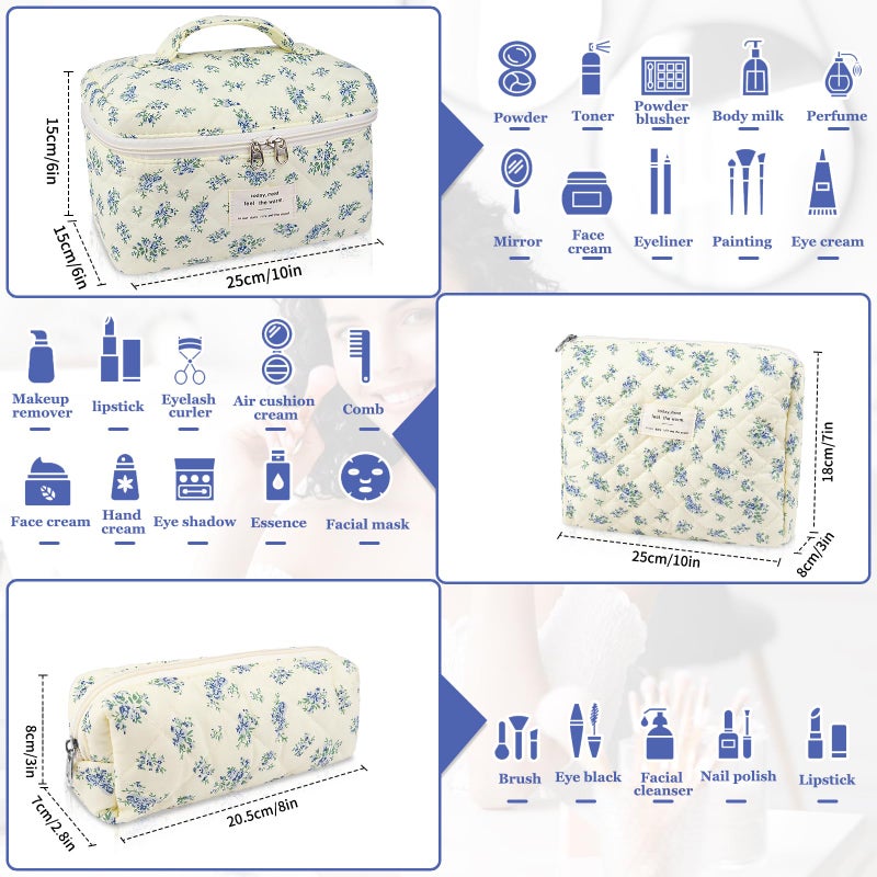 Gosect Makeup Bag Set  Quilted Makeup Bag  Large Floral Cosmetic Bag for Women  Cute Cotton Makeup Bags  Flower Travel Toiletry Organizer Bag (Blue Floer) - Image 2